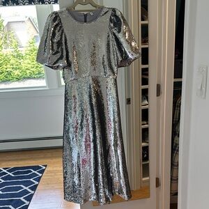Silver Sequin Midi Dress with Puff Sleeves